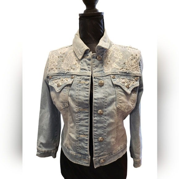Miss Me Cropped Stone Wash Denim Med Jacket Rhinestones and Lace - Picture 1 of 15